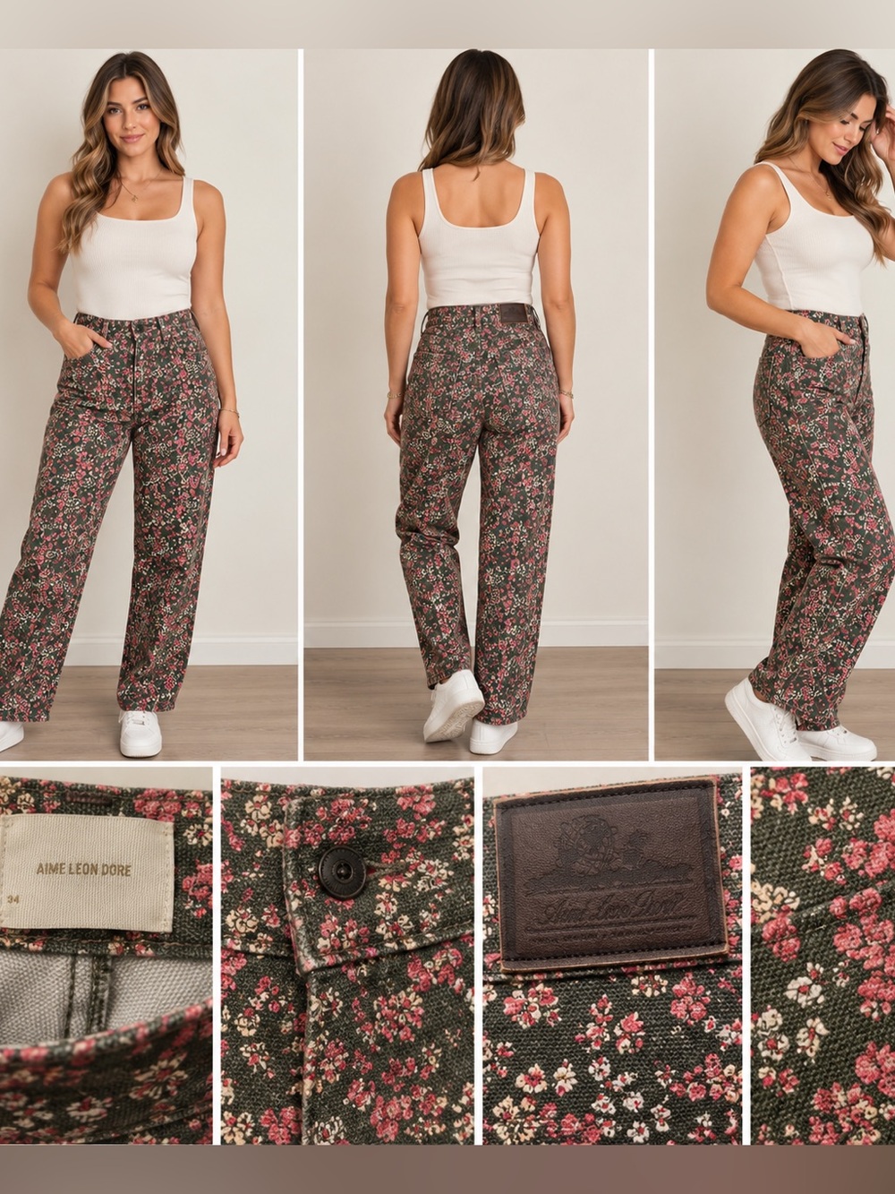 Aimé Leon Dore Dark Green Floral Carpenter Pants Pink White Print